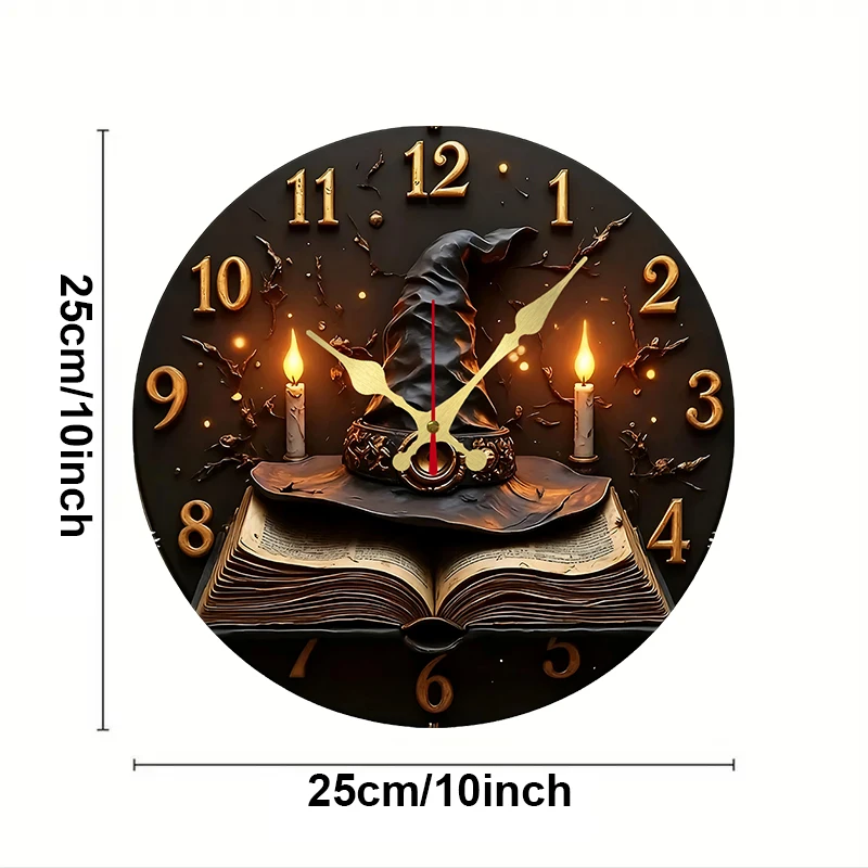 Wizard Hat & Books Wooden Round Silent Hanging Wall Clock, Suitable For Living Room, Office, Study Room,Bedroom, Home Decoration