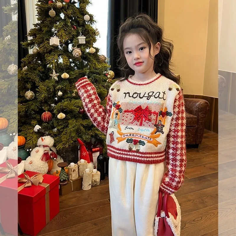 UNITIM Autumn Winter Christmas Children Sweater Junior Girl Houndstooth Jacquard Embroidery Knitwear Teens Girl Leopard Pullover