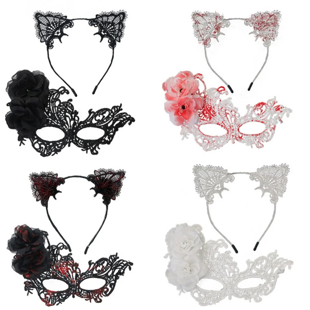 

Halloween Party Mask Comfortable Half Face Lace Mask Cat Ear Headband Elegant Costume Mask Set For Dance Halloween Party Costume