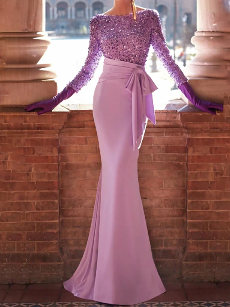 

Elegant Mermaid Sequins Floor Length Long Sleevees Formal Evening Dresses Prom Gowns Jewel Neck Bow Customed