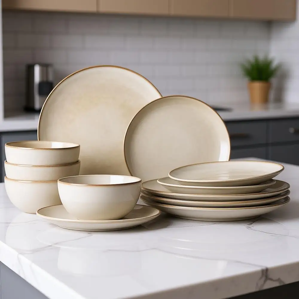 

Набор посуды из каменной керамики ручной росписи, 4 или 12 предметов, устойчивый к царапинам, можно мыть в посудомоечной машине и использовать в микроволновой печи, Puccino