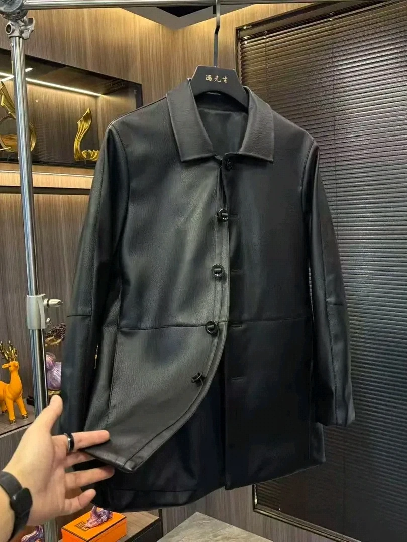 

Мужское повседневное пальто средней длины из искусственной кожи для весны и осени, модное, деловое, повседневное, приталенное, с длинными рукавами, без капюшона