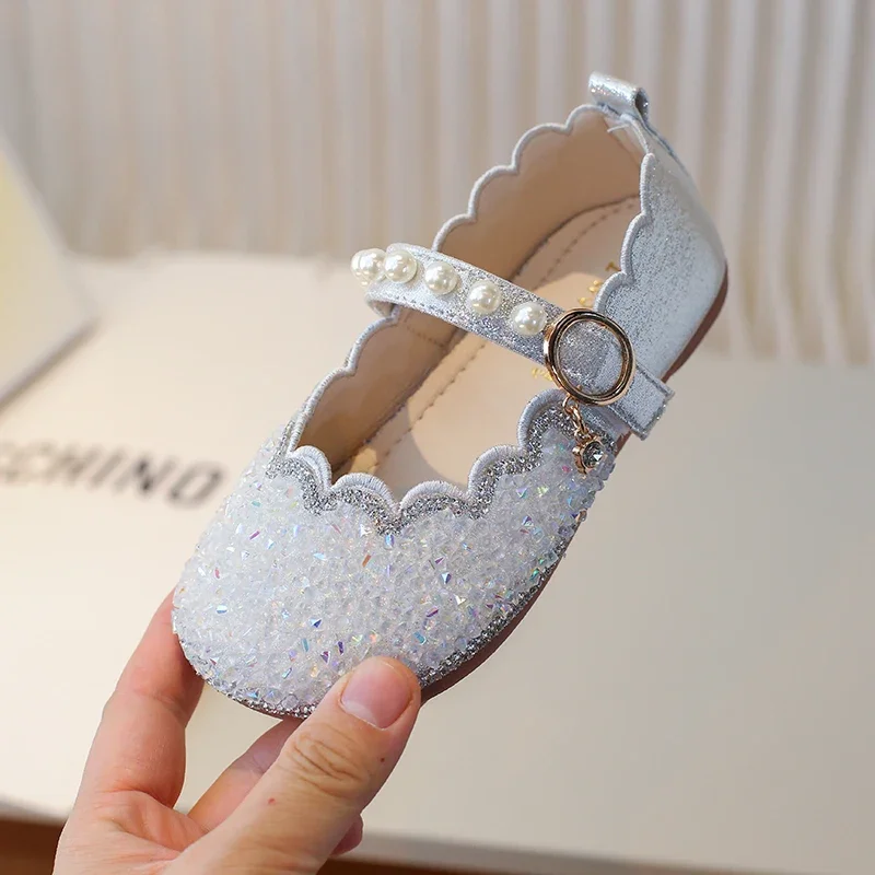 Girls Shoes Little Leather Shoes Pink Pearls Rhinestones Childrens Princess Shoes Silver Soft Girls Mary Jane Shoes Kids Sandals