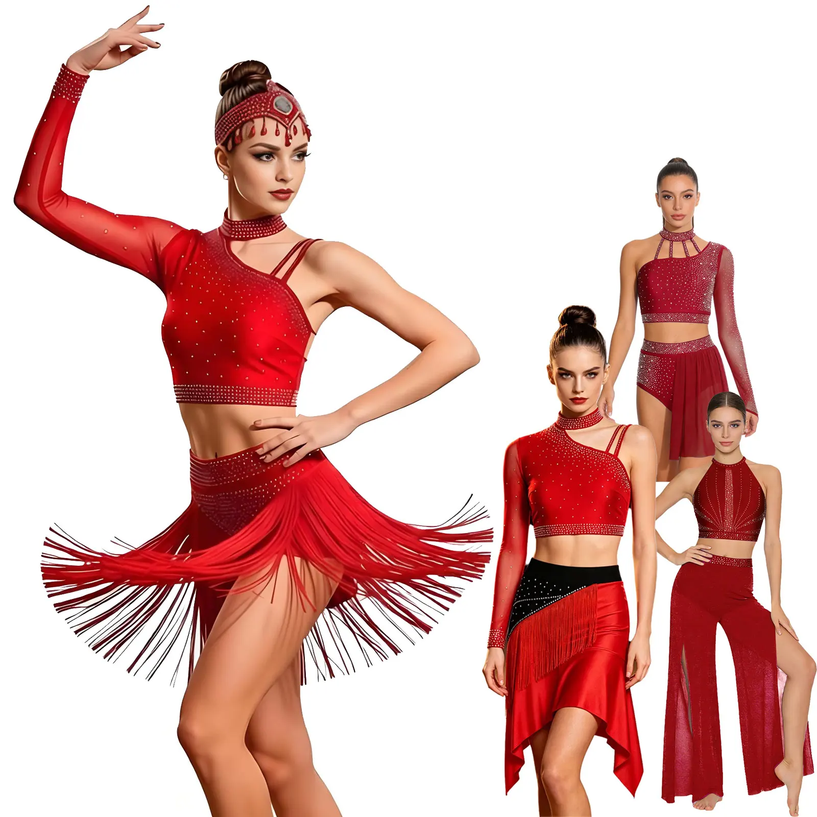 Women Rumba Latin Dance Outfit Single Shoulder Rhinestones Crop Top with Tassels Skirt Ballerina Latin Jazz Lyrical Dance Set
