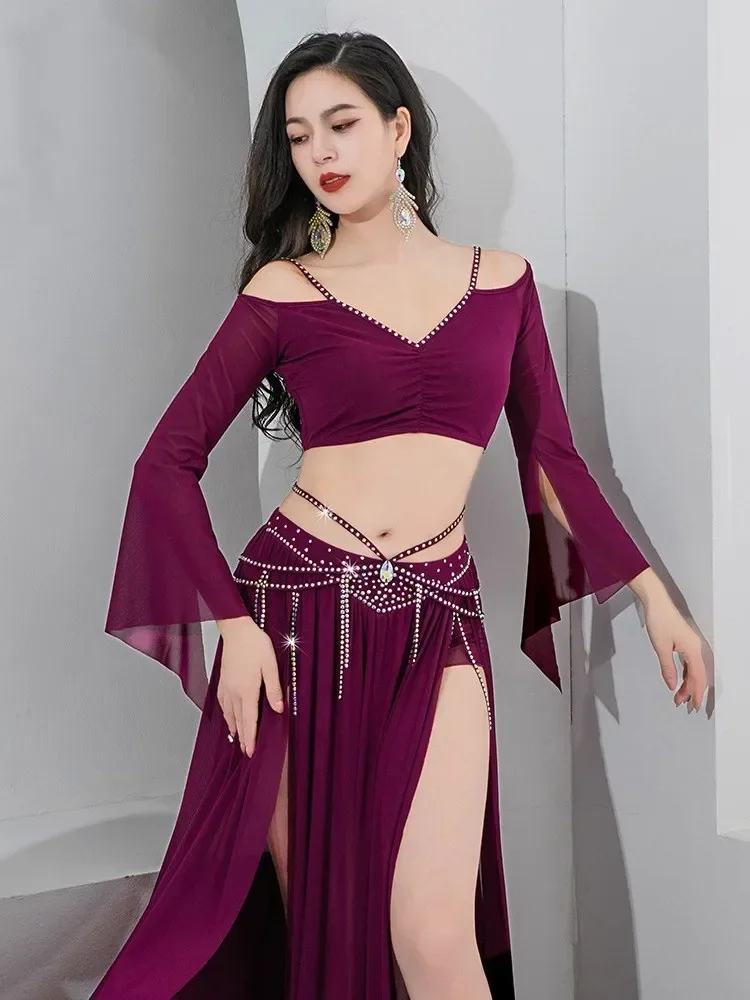Licht luxe oosterse danskostuum 2-delige franje kwastje rok sexy zijsplit danser wedstrijdkleding lange mouw elegant