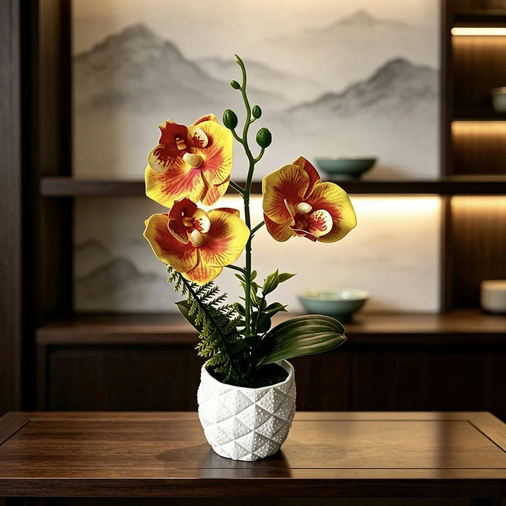 Artificial Phalaenopsis Orchid 26cm Realistic Fake Flower Soft Resin Pot For Home Office Wedding Tabletop Floral Decor