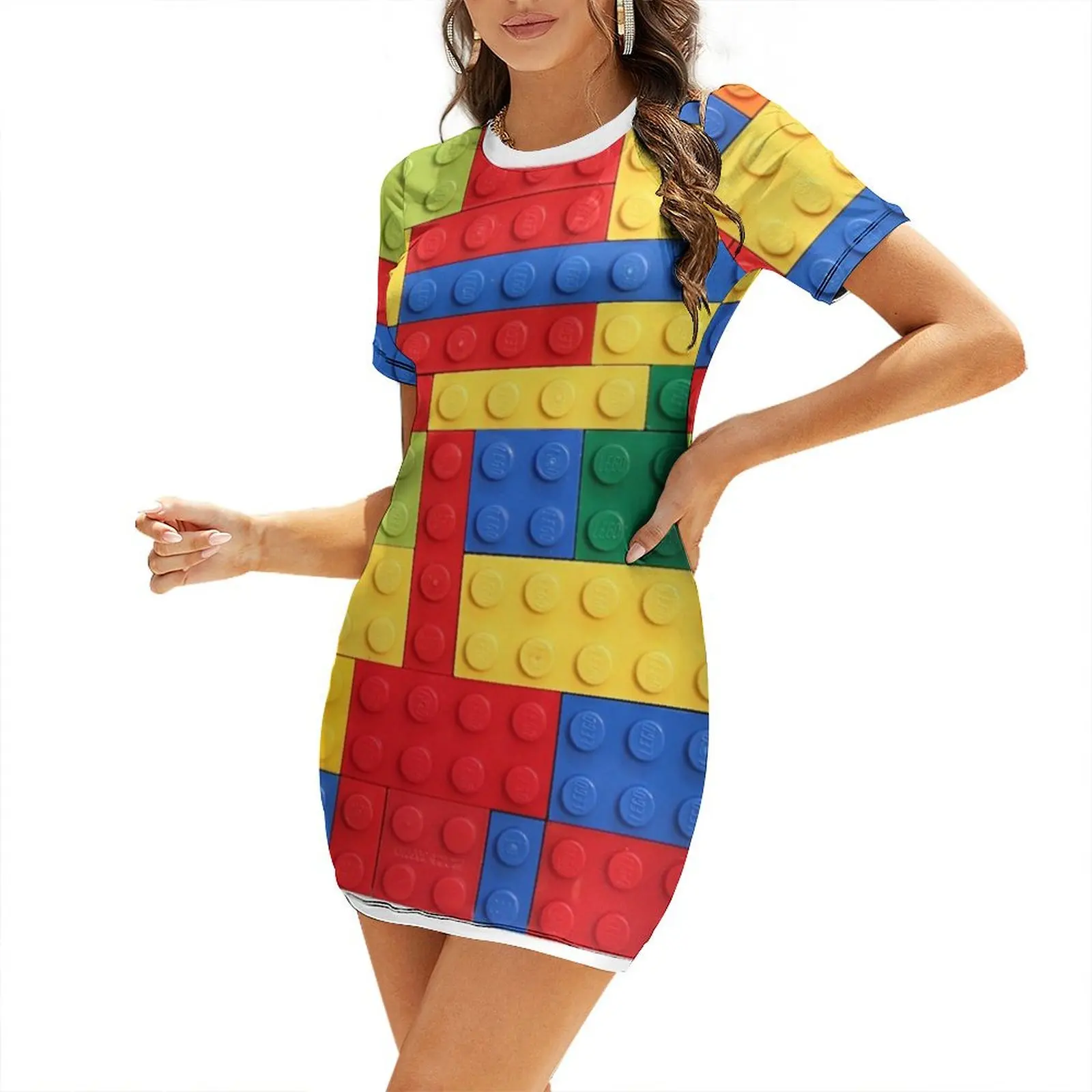 

Colorful Bricks Design Short Sleeved Dress african dresses for woman Summer skirt dress party night