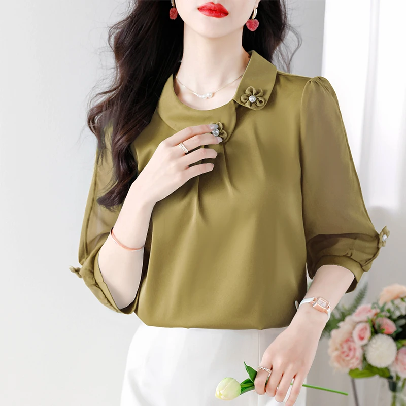 M-4XL Nieuwe Koreaanse Mode Zijde Satijnen Blouse Effen Kleur Office Lady Top Elegant 3/4 Mouwloos Vrouwen Shirt