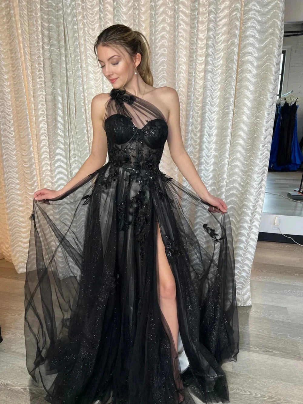 Lena Gauze Gala Dress Women Elegant Party Black Luxurious Women\'s Evening Dresses 2024 Women Embroidered Lace One Shoulder Woman