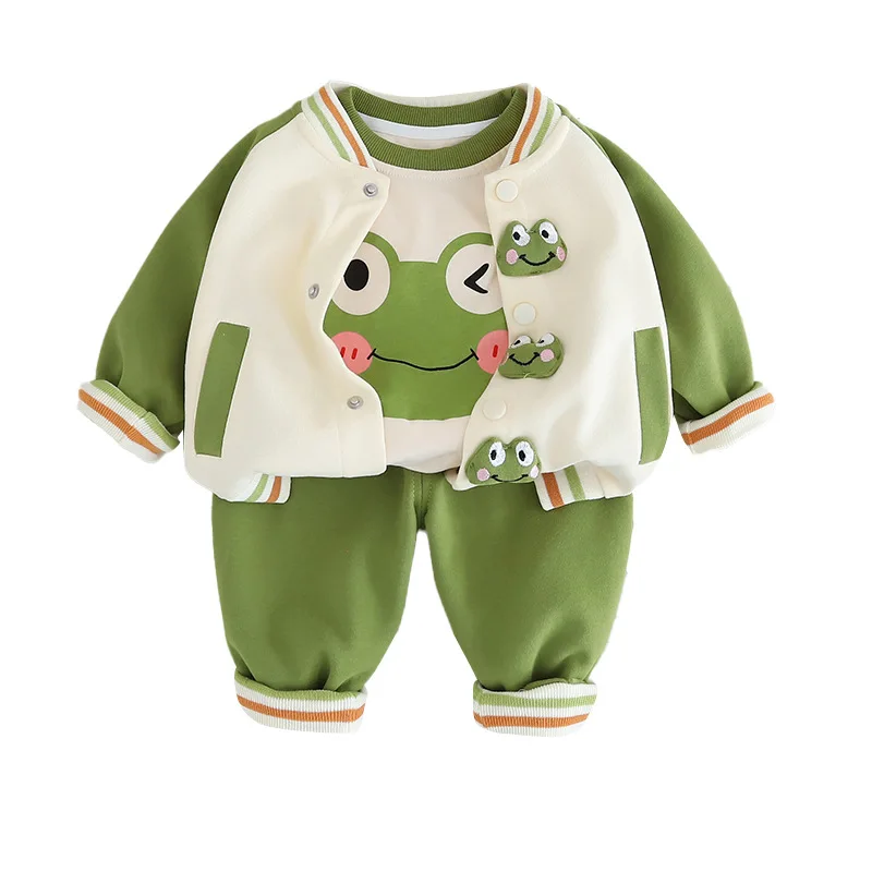 Autumn 2024 Children Boys 3PCS Clothes Set Cartoon Cotton Pullovers Patchwork Sleeve Coat Striped Hem Pants Toddler Boys Outfits