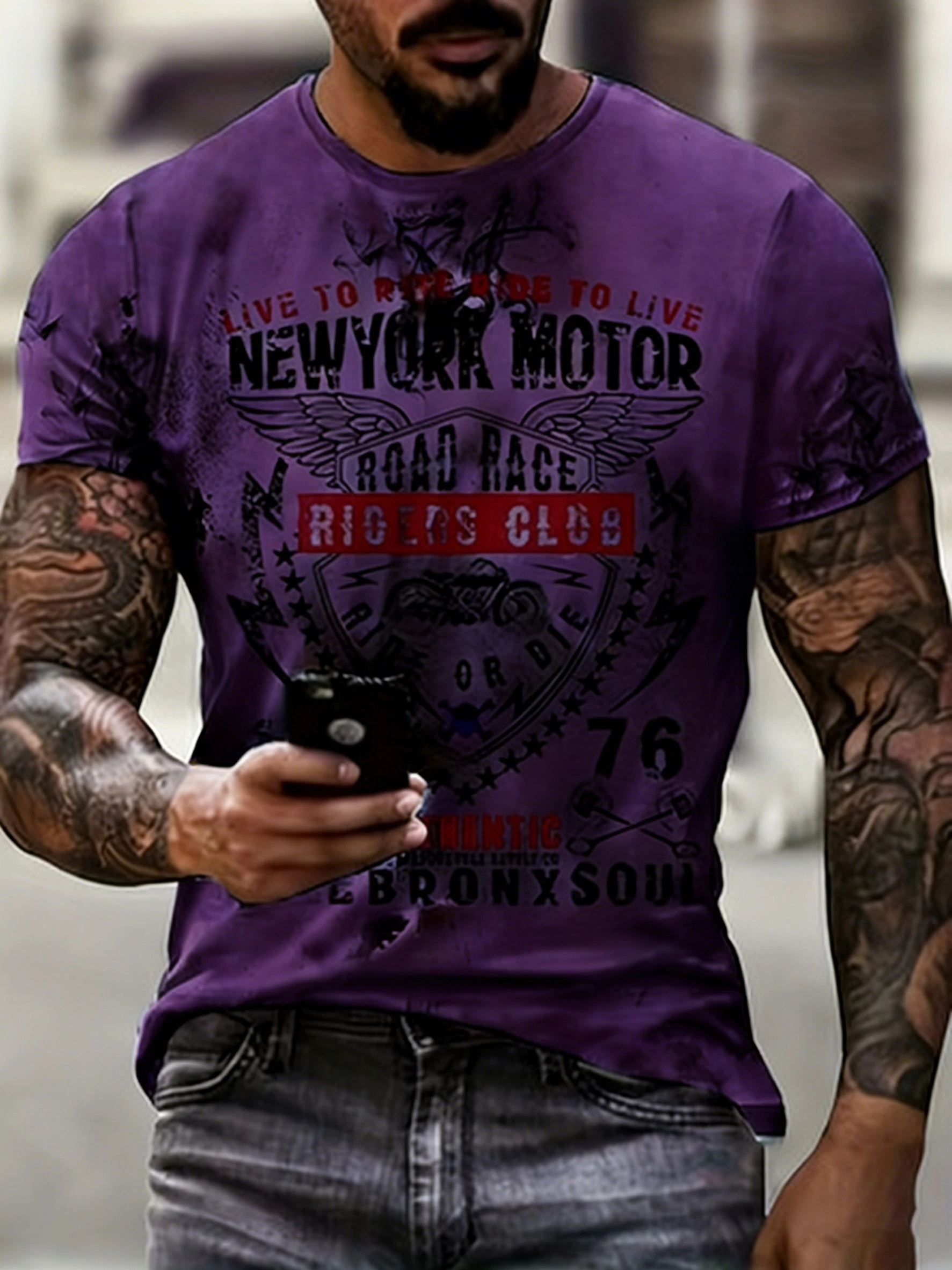 Men's New York Motorcycle Riders Club graphic T-shirt, crew neck short-sleeved casual riding T-shirt