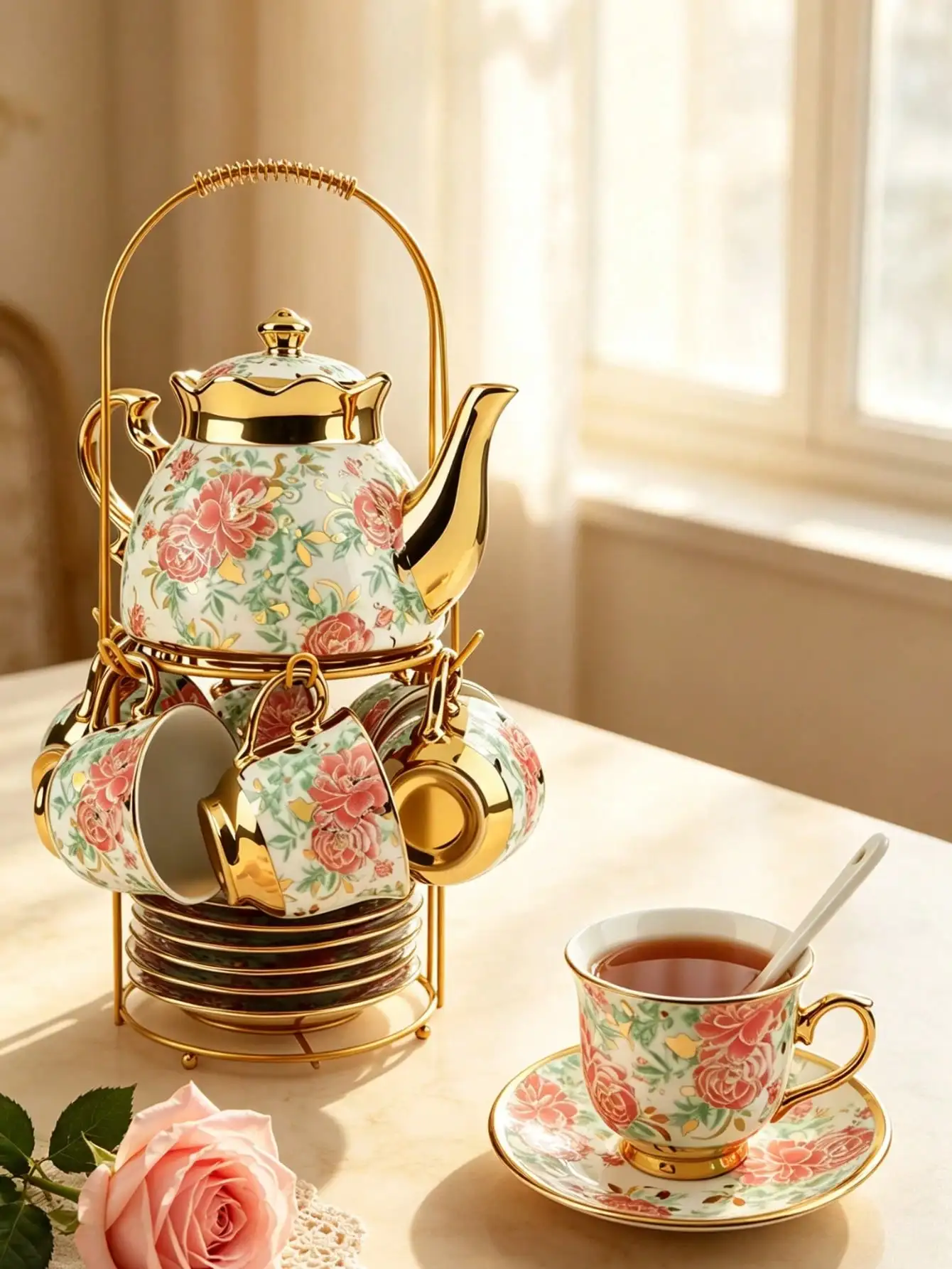 20-Piece European Porcelain Tea Set With Metal Stand & Green Floral Painting – Elegant Tea Service Gift For Adults, Ideal For Spring Outing, Easter Party, Home Decor & Special Occasions (Classic Gold)