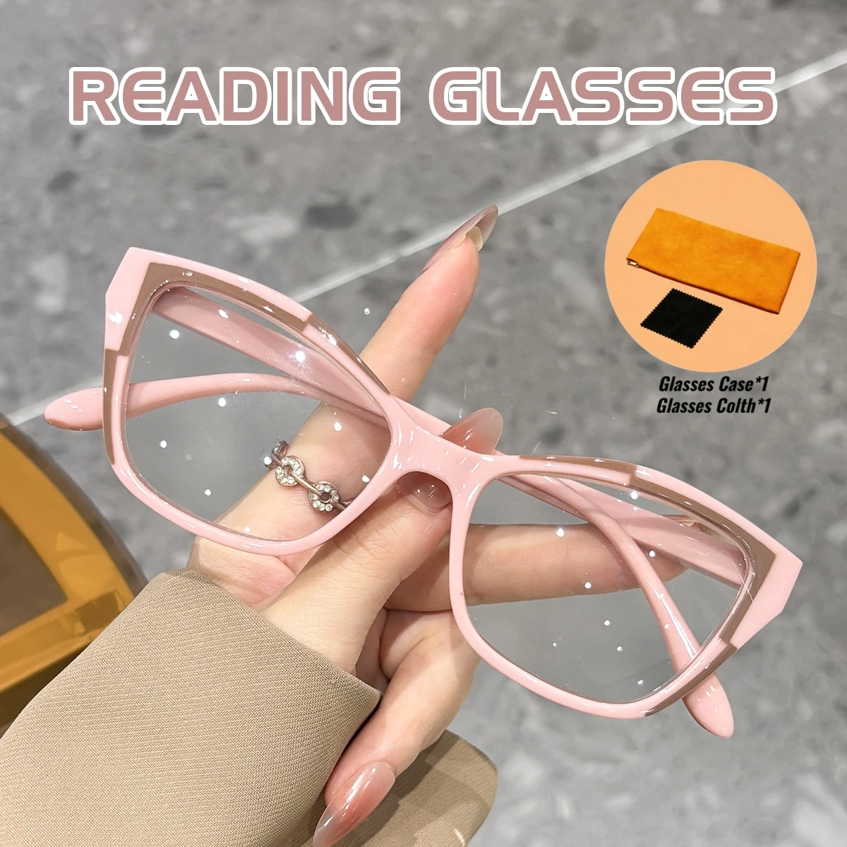 New Fashion Cat Eye Reading Glasses + A Combination of Orange Glasses Case and Black Glasses Cloth Blocking Blue Light Glasses