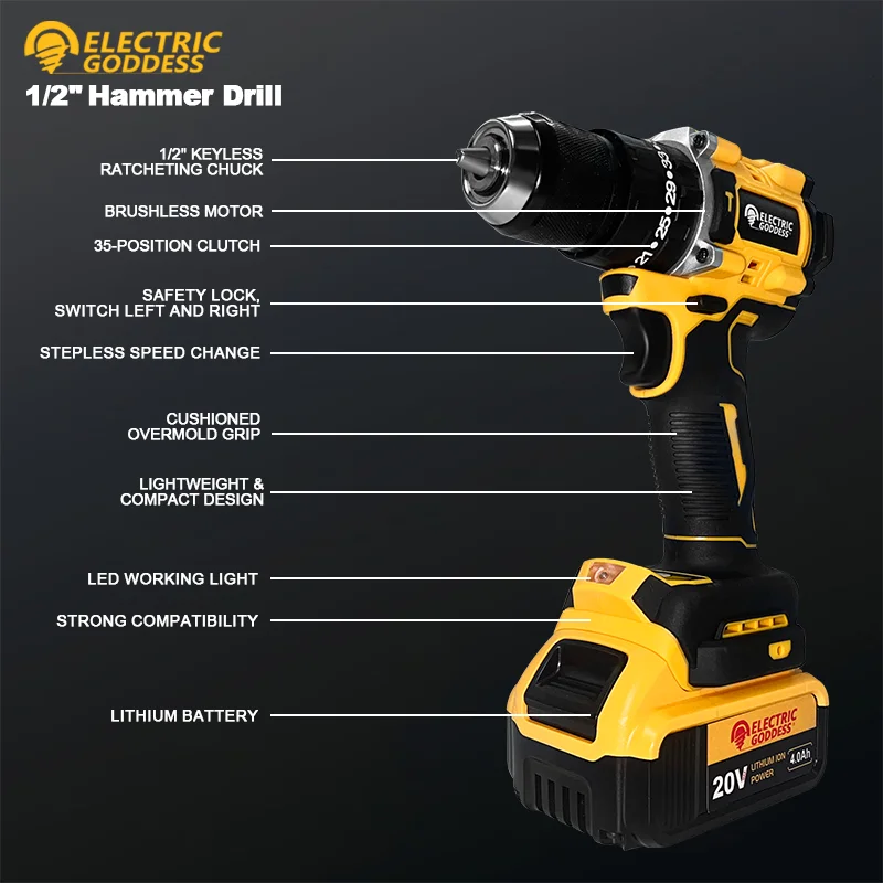 Electric Goddess DCD800 Electric Drill 20V Brushless Cordless Screwdriver Compact Drill/Driver Tools For 20V Dewalt Battery