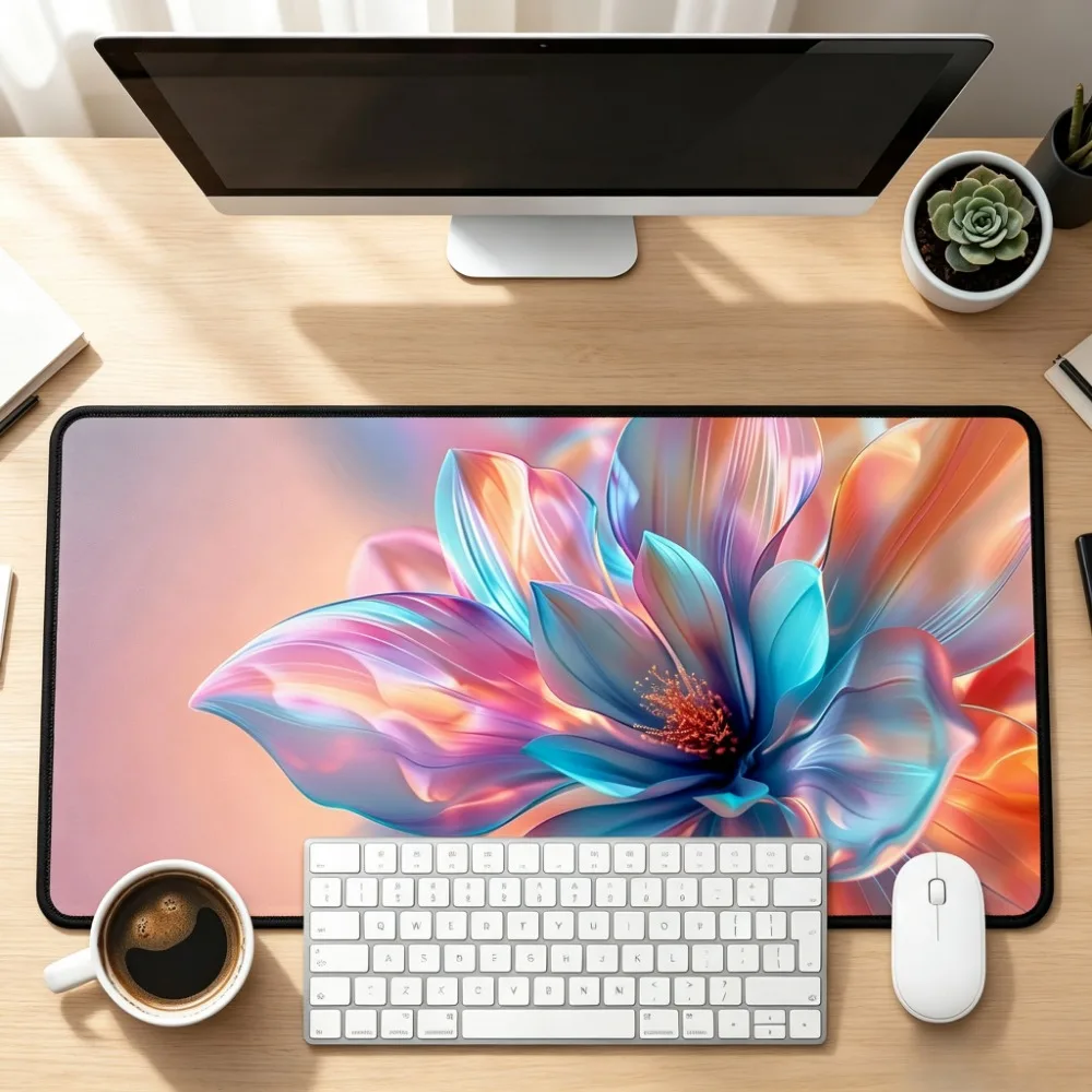 Large Gaming Mouse Pad Lotus Floral Pattern Mousepad Anti-Slip Rubber XXL Deskmat Office Desk Accessories Stitched Edges GameMat