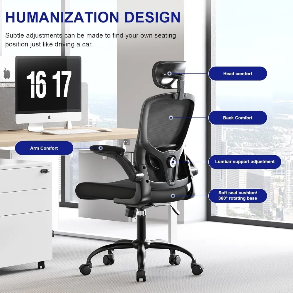 Ergonomic High-Back Mesh Office Chair with Lumbar Support, Adjustable Armrests, Swivel Desk Chair for Comfortable Computing