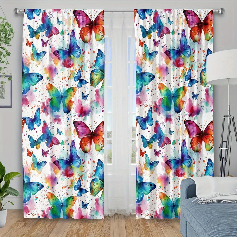 Par de cortinas decorativas con diseño de mariposas en acuarela, 2 piezas, cortinas vibrantes y coloridas, tratamiento de ventanas para sala de estar, decoración del hogar, estilo Cort.