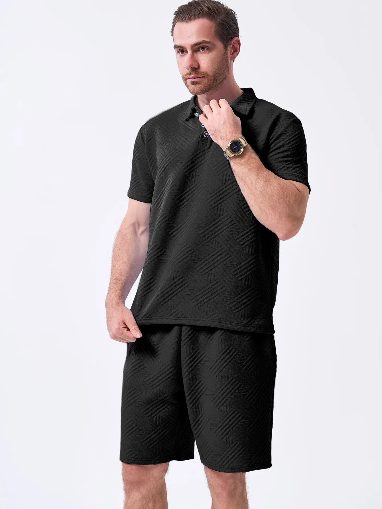 

Men's Premium 2-Piece Solid-Color Jacquard Set – Short Sleeve Polo Shirt & Matching Shorts, Casual Summer Streetwear & Vacation