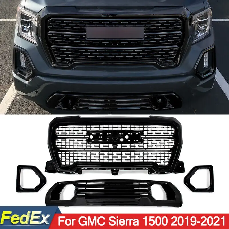 SAIQINGSP Fit 2019-21 GMC Sierra 1500 Denali Style Gloss Black Front Grille Fog Light Trim Car Accessories Tools