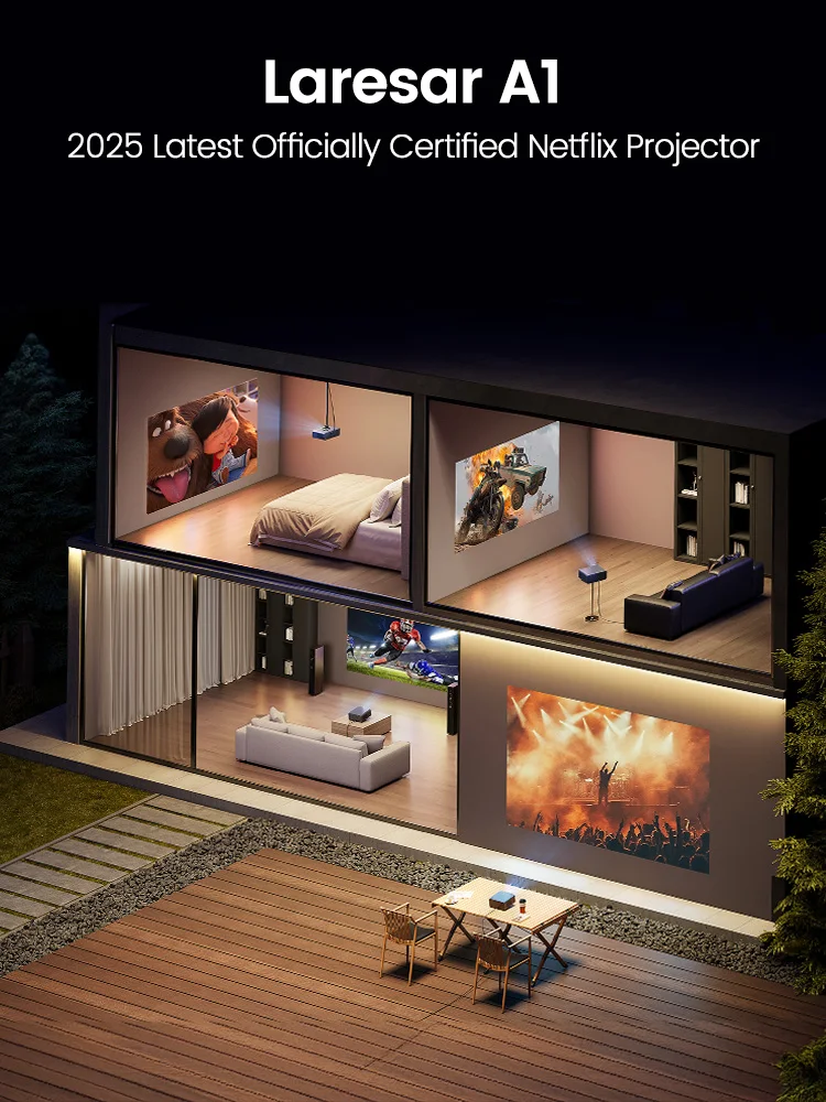 【Netflix Officiel/Dolby】Laresar A1 Projecteur 4K 1000ANSI AI Auto Focus/Keystone Full HD 1080P Android TV WiFi6 Bluetooth5.2 Dolby Home Cinéma Extérieur/PS5