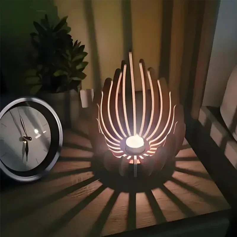 Lotus Shape Hand-assembled Wooden Tea Light Holder Elegant Table Centerpiece Home Decor for Wedding and Christmas