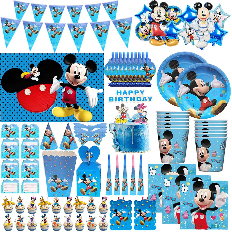 Décoration de fête d'anniversaire Mickey Mouse, assiette, gobelet, serviette, nappe, vaisselle, fournitures d'anniversaire Mickey pour enfants, ballon chiffre