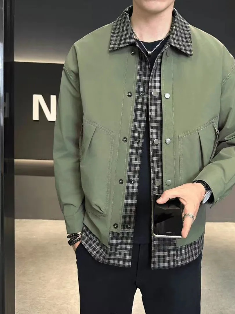 

Повседневная клетчатая мужская куртка на пуговицах с воротником-стойкой, рабочая одежда Jaet Youth Faion Stand Fit Long Sve Anti-Wind