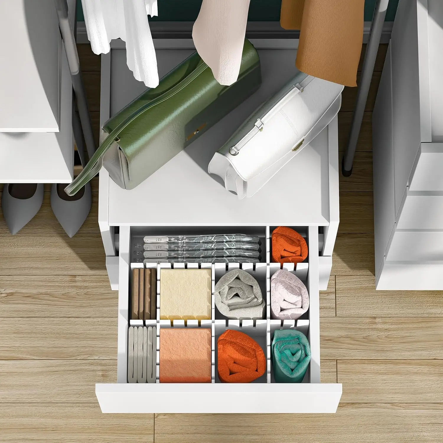 مجموعة من 2، خزانة صغيرة للخزانة، طاولة جانبية للأريكة مع أدراج للمساحات الصغيرة، طاولات خشبية بجانب السرير، تخزين حديث باللون الأبيض