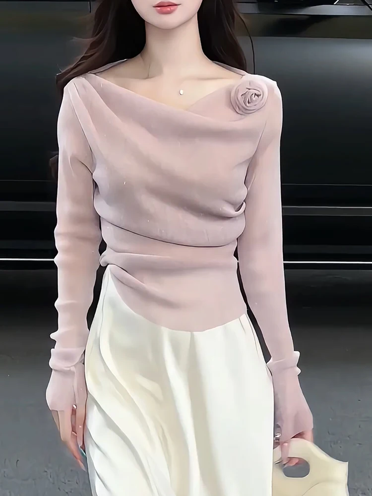 

Топ с асимметричным цветочным принтом, большие размеры, женская мода, осенняя новинка, розовый цвет, французский стиль, повседневная одежда