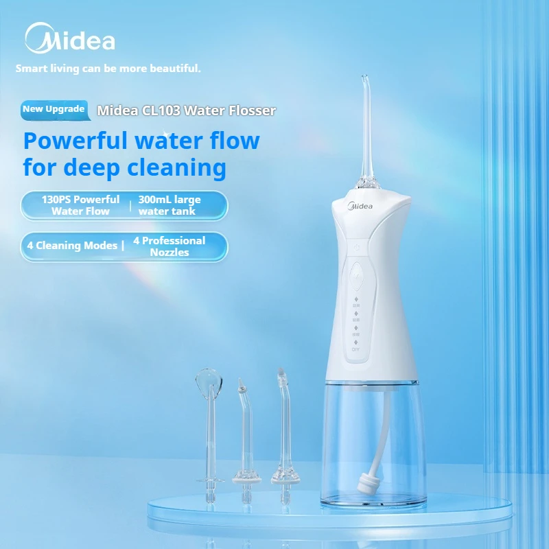 midea-water-flosser-130psi-water-pressure-300ml-tank-80-day-battery-4-modes-4-nozzles-ipx7-waterproof