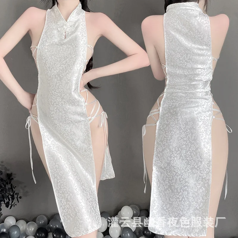 High Slit Cheongsam Uniform Temptation Erotic Nightdress Women Sexy Lingerie Dress+Panties Set Porn Sex Nightie