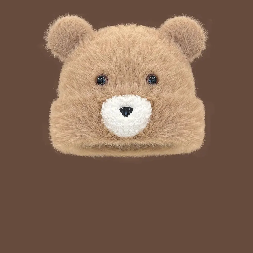 

Vintage Korean Cute Bear Ear Hat Plush Casual Faux Fur Pullover Hat Ear Protection Outdoor Pompom Beanie Cap Female