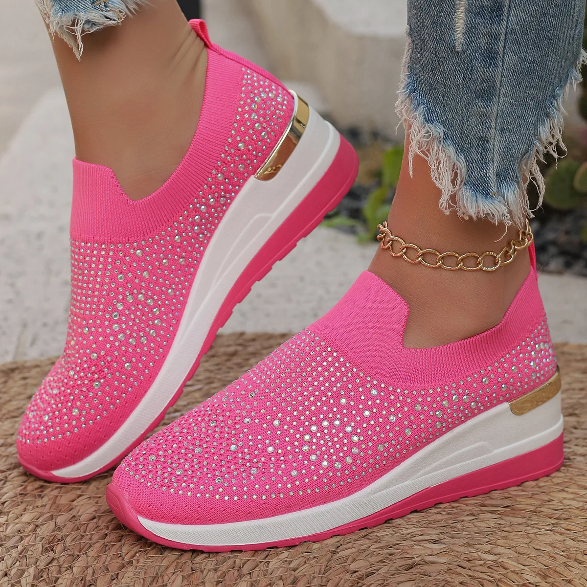 

Summer White Sneakers Women Vulcanized Shoes Fashion Sneakers Women Flats Slip on Sock Trainers Ladies Bling Zapatos De Mujer