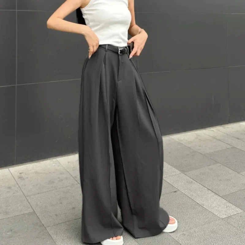 QWEEK Baggy Casual Grey Suit Pants Woman Korean Fashion Classical Office Ladies Wide Leg Trousers High Waist Basic Pantalones