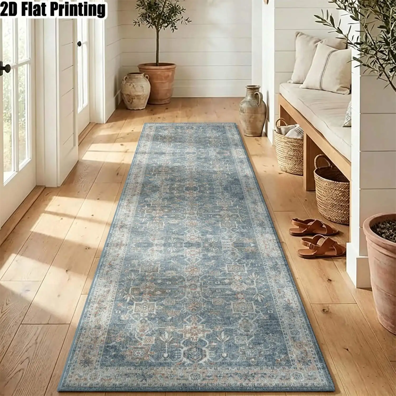 1Pc 2D Printed Striped Runner Rug: Blue-Grey Retro Floral, European/Bohemian/Geometric Style, Machine Washable, Multi Sizes, Ideal for Home Decor, Entrance, Hallway, Living Room, Bedroom 4