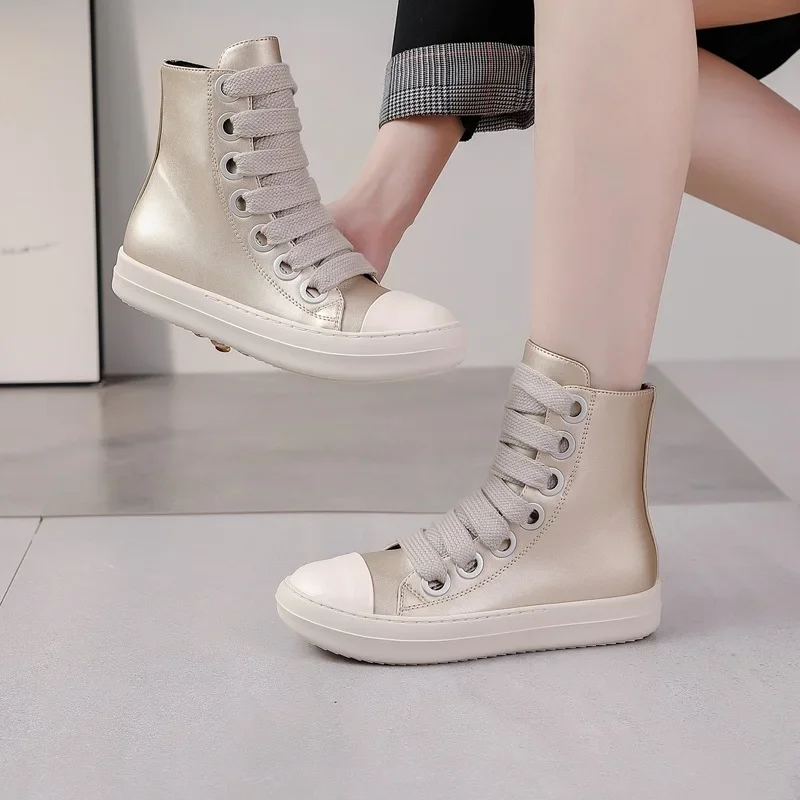 Vintage Women Men Ankle Boots High-Top Casual Leather Sneakers Zip Hip Hop Streetwear Flats Gold Sliver Unisex Shoes Winter