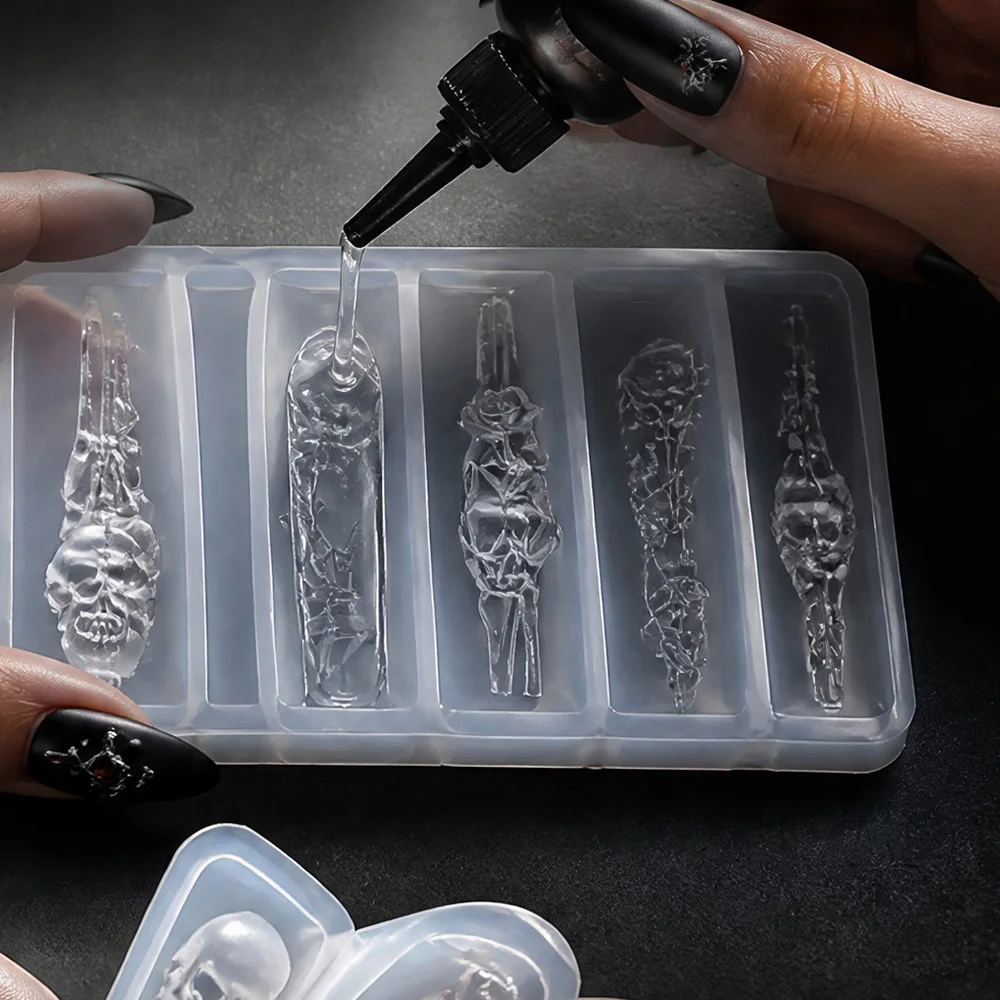 2Pcs Set Dark Rose Skull Silicone Nail Art Mold Gothic 3D Carving Template for Resin Nail Charms Vintage Floral Skeleton Decor view 5