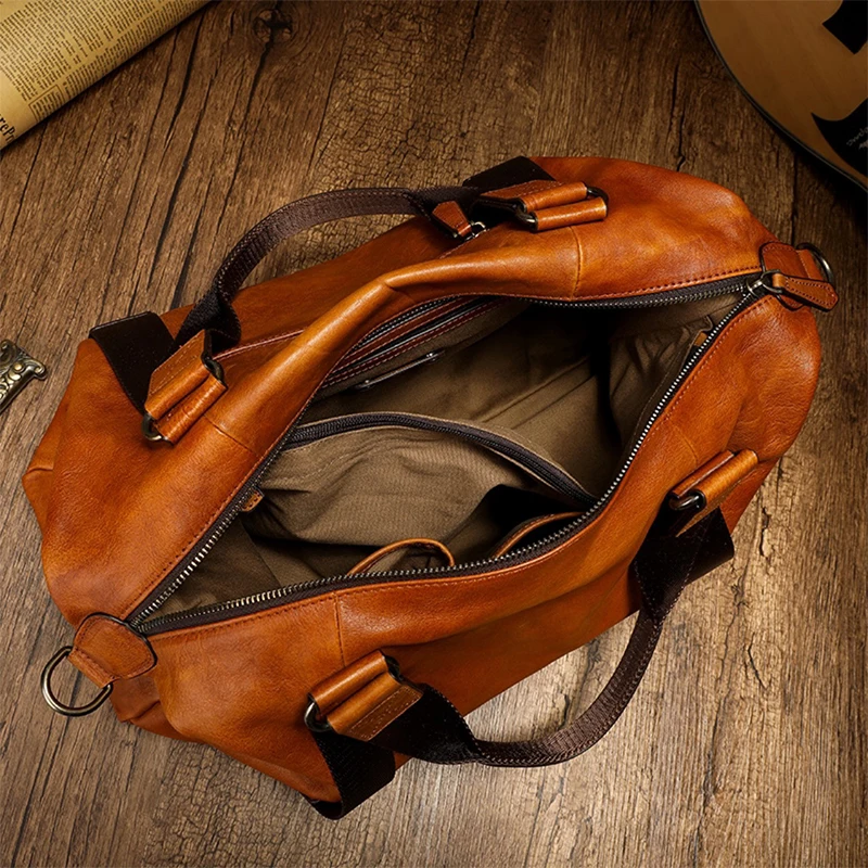 Bolso de viaje de cuero genuino para hombres, bolsa de equipaje Vintage, lona de viaje, cuero de vaca duradero, bolsas grandes de fin de semana para hombres