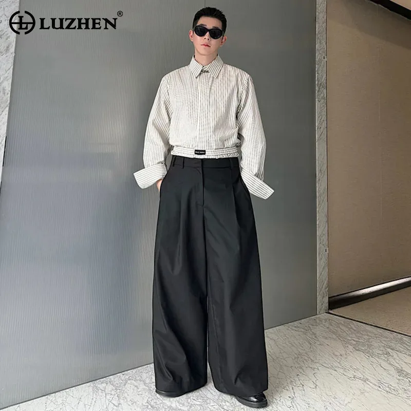 LUZHEN Sleeve 2025 New Elegant Fashion Stripe Printed Long Shirts Men's Loose Straight Wide Leg Suit Pants Two-piece Sets JY6012