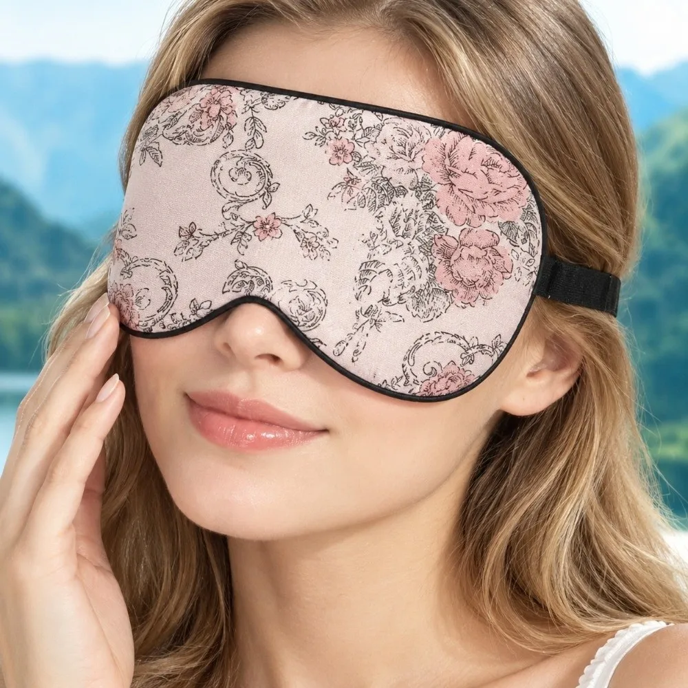 Soft Portable Silk Sleep Mask Pure Silk Adjustable Strap Eye Shading Mask Floral Pattern Night Eyepatch Night Sleep Relax Aid