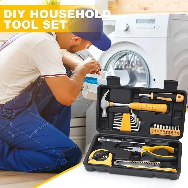 

HOMEFISH 25pcs Homeowner'S Kit - Classic Black & Yellow Manual Tool Set with Plastic Storage Box, Includes Screwdrivers,