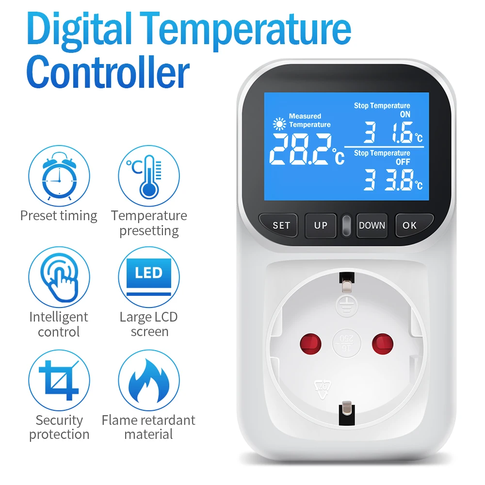 Imagem -02 - Soquete Controlador de Temperatura Digital eu Plug Termostato com Temporizador Sensor Sonda de Aquecimento Interruptor Refrigeração Retroiluminação 16a