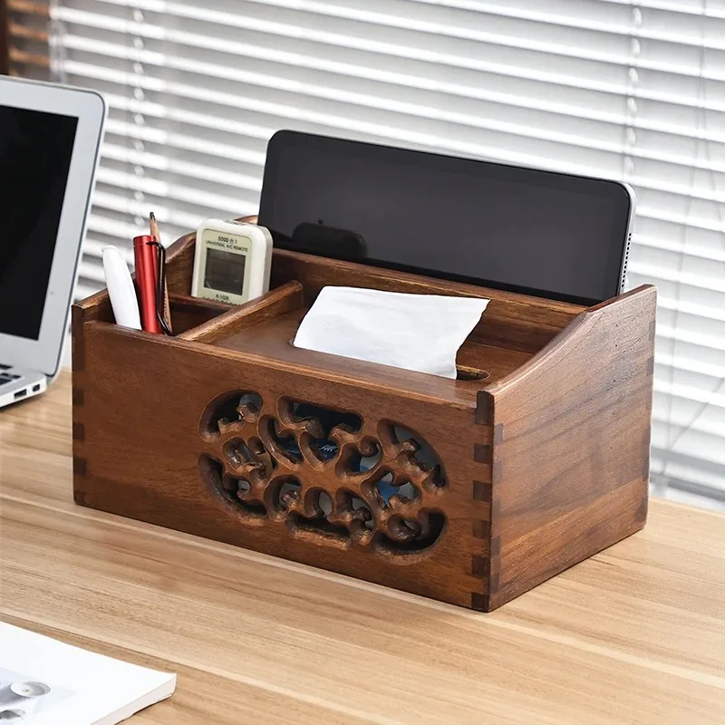 

New Chinese Tissue Box, Luxury Solid Wood Remote Holder, Elegant Multifunction Organizer, Living Room Paper Towel Storage Box