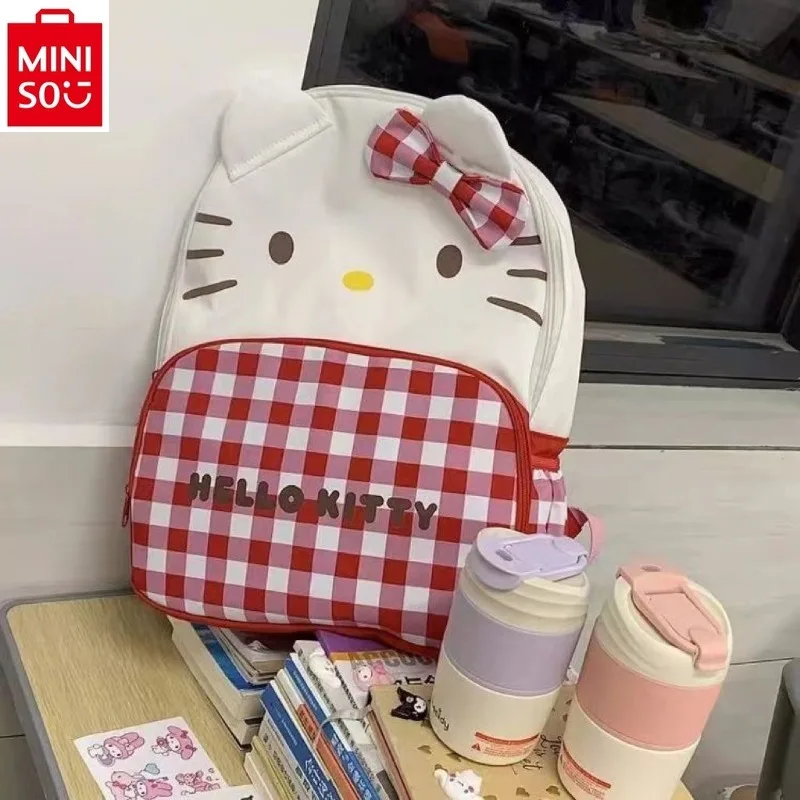 MINISO-Hello Kitty حقيبة ظهر كرتونية للأطفال ، سعة كبيرة ، مقاومة للماء ، كاجوال ، مريح وتقليل الحمل ، طالب