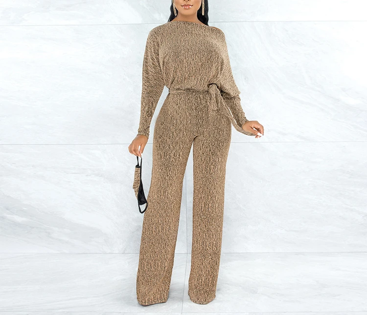 

Jumpsuits Women 2022 Spring Long Sleeve High Waist Loose Belt Wide Leg Jumpsuit Elegant Office Ne Piece Outfit Party Overalls