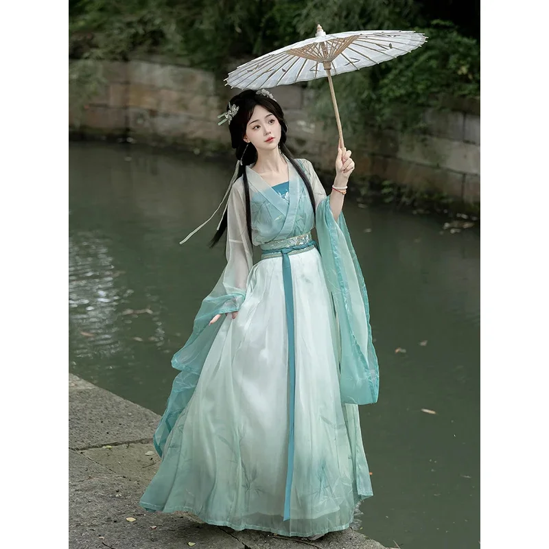 

DY20Song Dynasty Hanfu женский китайский стиль с перекрестным воротником зеленая юбка-халат супер бессмертный и элегантный повседневный древний костюм25