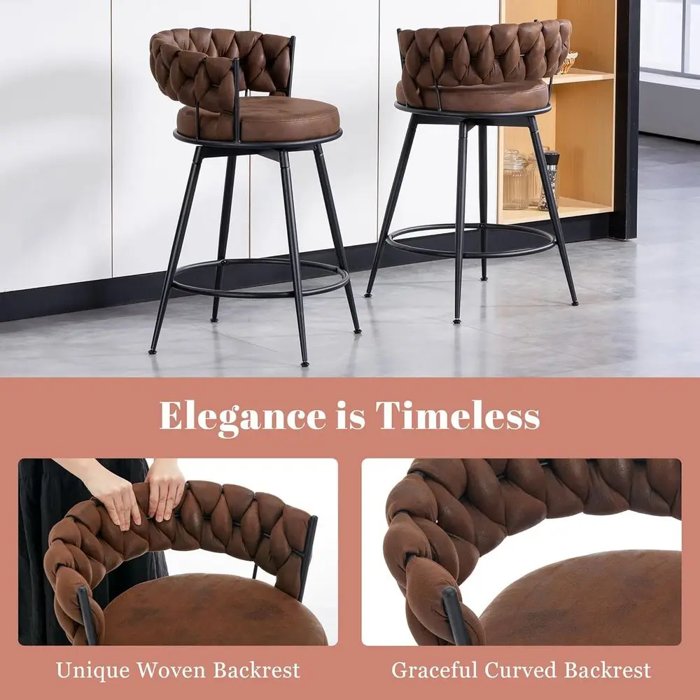 เก้าอี้บาร์หมุนได้ 3 ชิ้น 24 นิ้ว พร้อมพนักพิงทอและเบาะหนังกลับ โครงโลหะและที่วางเท้า เหมาะสำหรับห้องครัว I