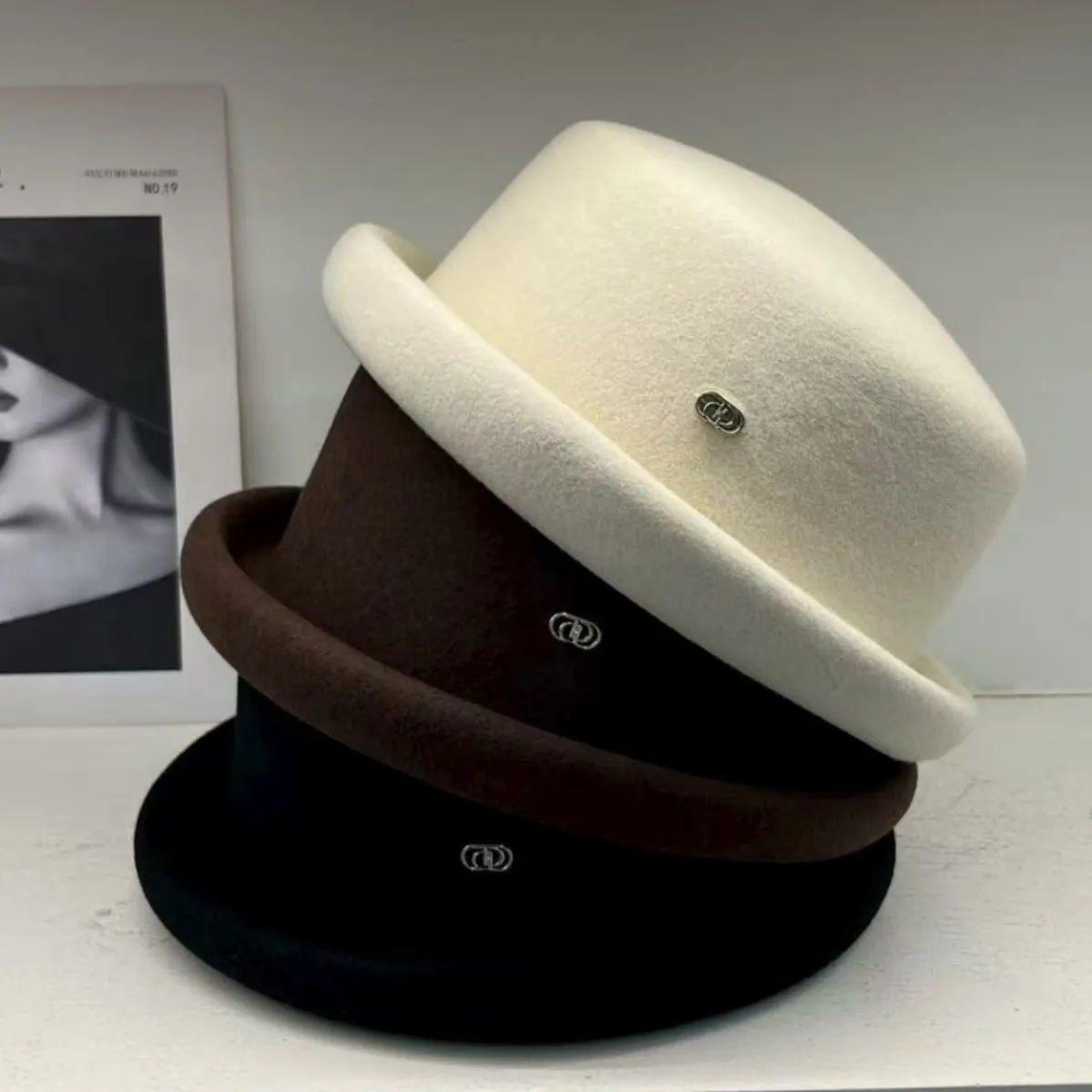 Autumn Winter Solid Color Wool Felt Hat with Cuffed Small Brim French Elegant Fedora Hat for Women Ladies Stylish Warm Dressy
