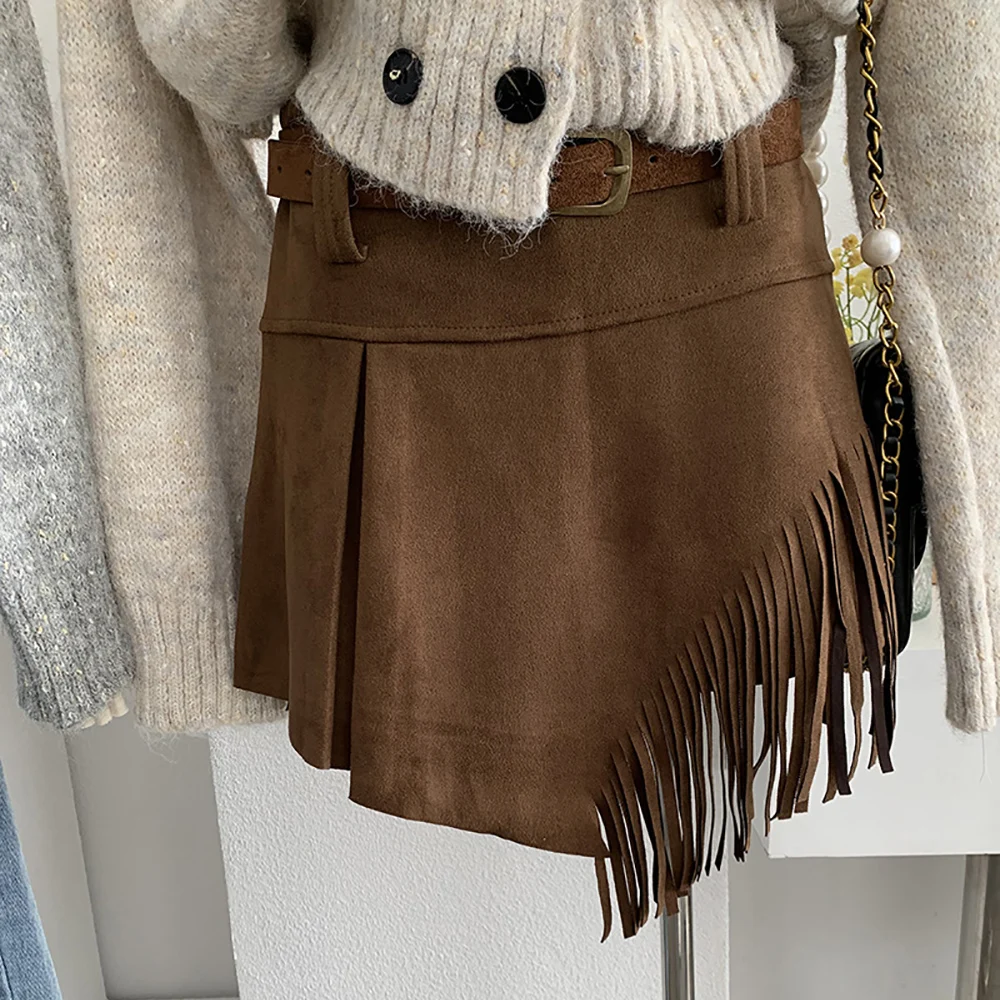 Vintage daim gland jupes femmes automne hiver irrégulière couleur unie jupe fendue décontracté fête tout-Match a-ligne Mini jupes