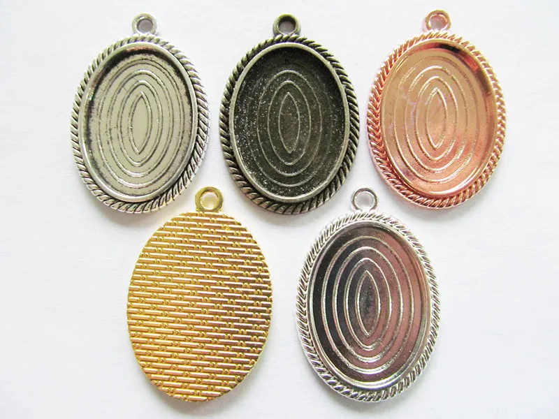 100pcs 5 Colors Silver/Bronze/Gold/Rose Gold Twist Oval Base Setting Tray Bezel Pendant Charm,fit 18mmx25mm Cabochon/Picture